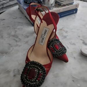 Authentic Jimmy Choo Red Satin Stiletto Heels with Crystal Embellishment 37